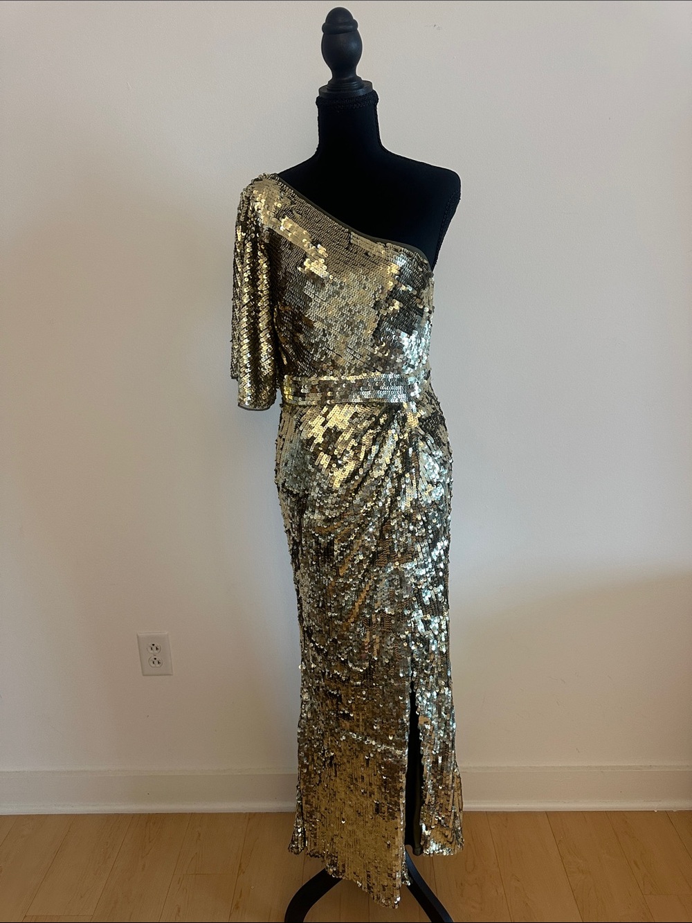 Mac Duggal Gold Sequin One-Shoulder Prom Gown